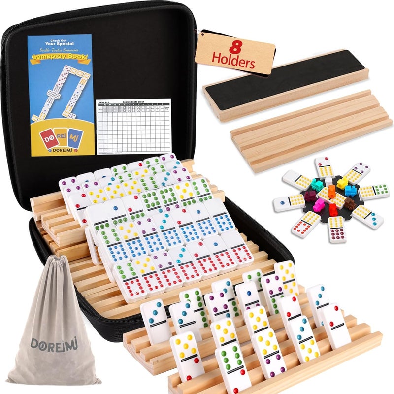 Doreimi Store Mexican Train Dominoes Set with 8 Wooden Holders, Double 12 Colored Dot Dominoes with Update Hub, Travel Domino Train Game with 91 Tiles and Portable Carry Case, Family Board Team Games - Image 1